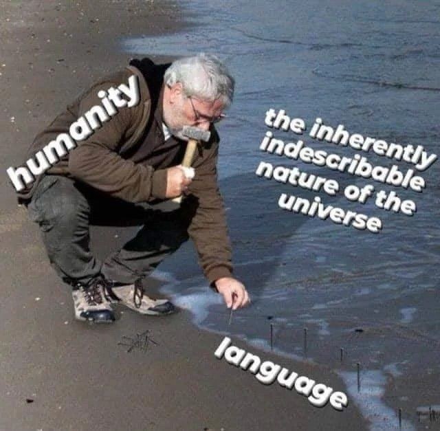 humanity writing 'language' at the shore of the inherently indescribable nature of the universe